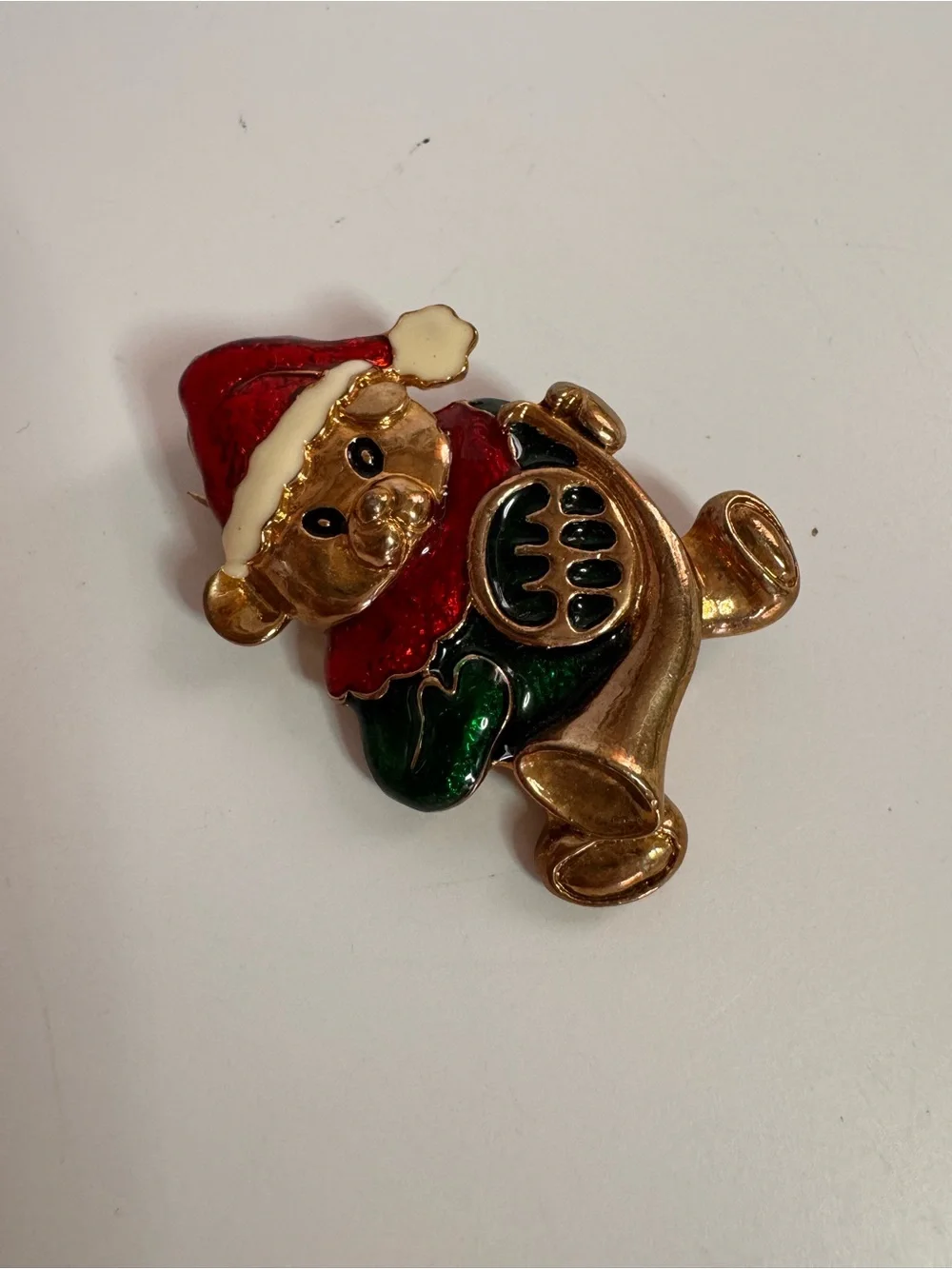 Vintage Christmas Teddy Bear French Horn Brooch Gold Tone Enamel Santa Hat Pin